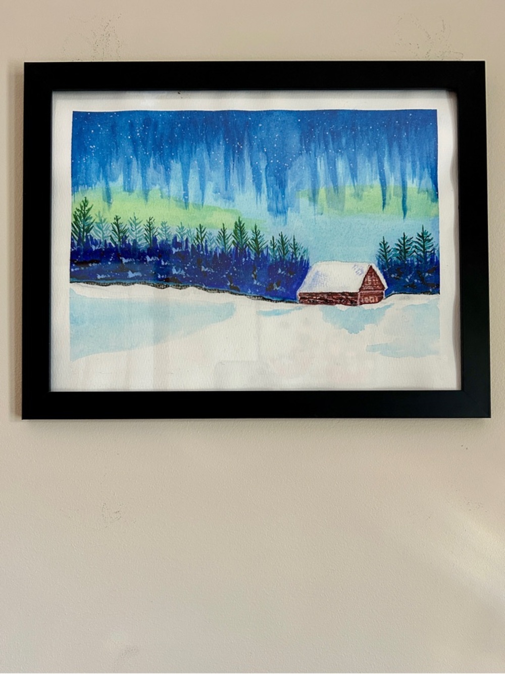 Original Watercolor Winter Cabin Snow Scene Framed Rustic Wall Art